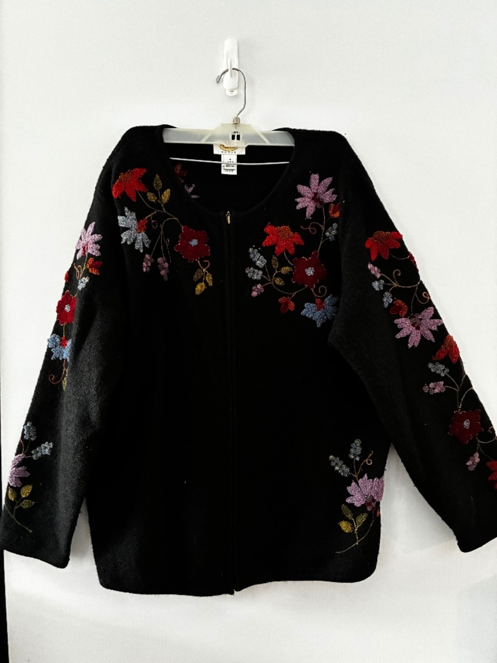 Talbots black wool full zip floral sweater XL women